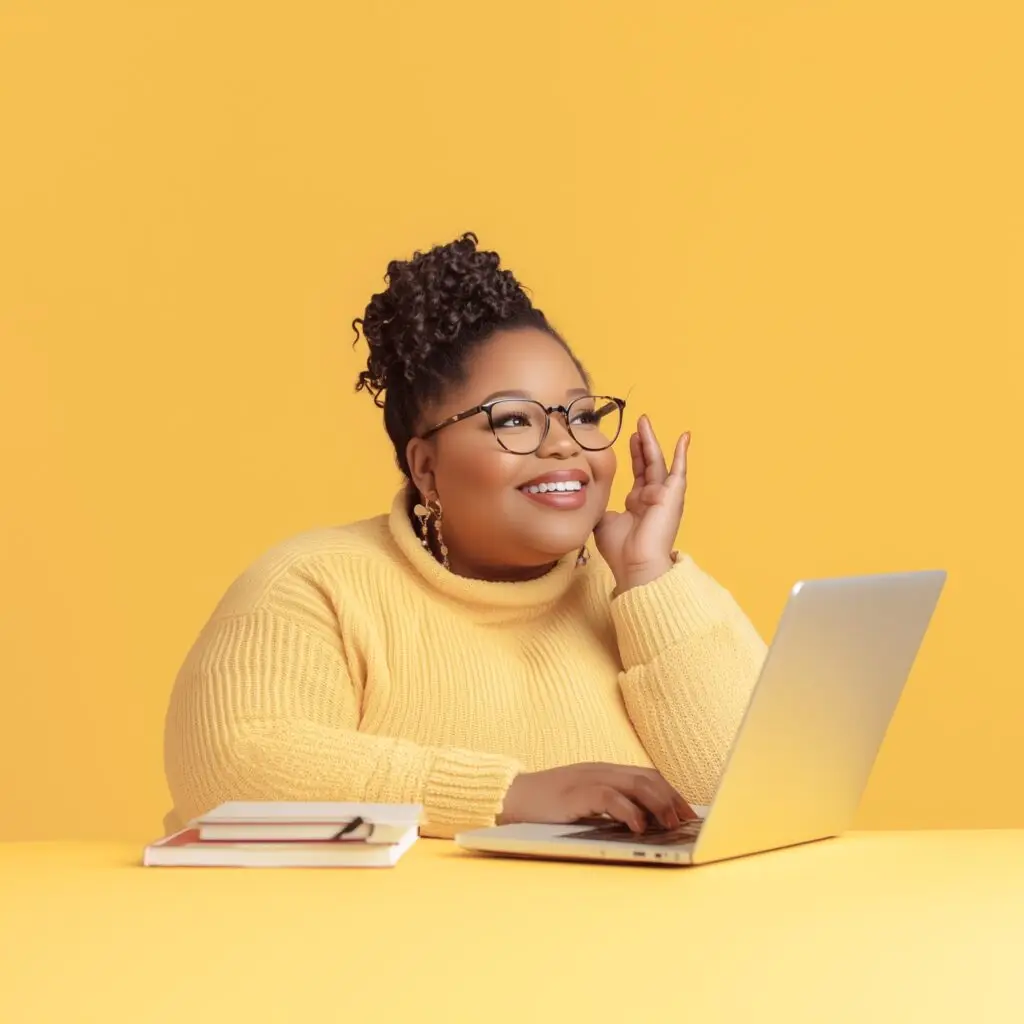 AI photo of woman in yellow sweater smiling using computer.