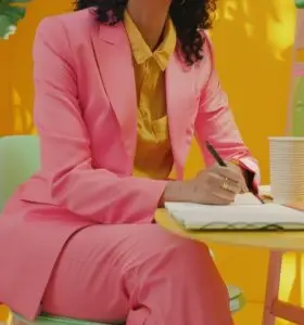 Woman sitting at table, wearing pink blazer, pink pants, yellow button shirt, writing.