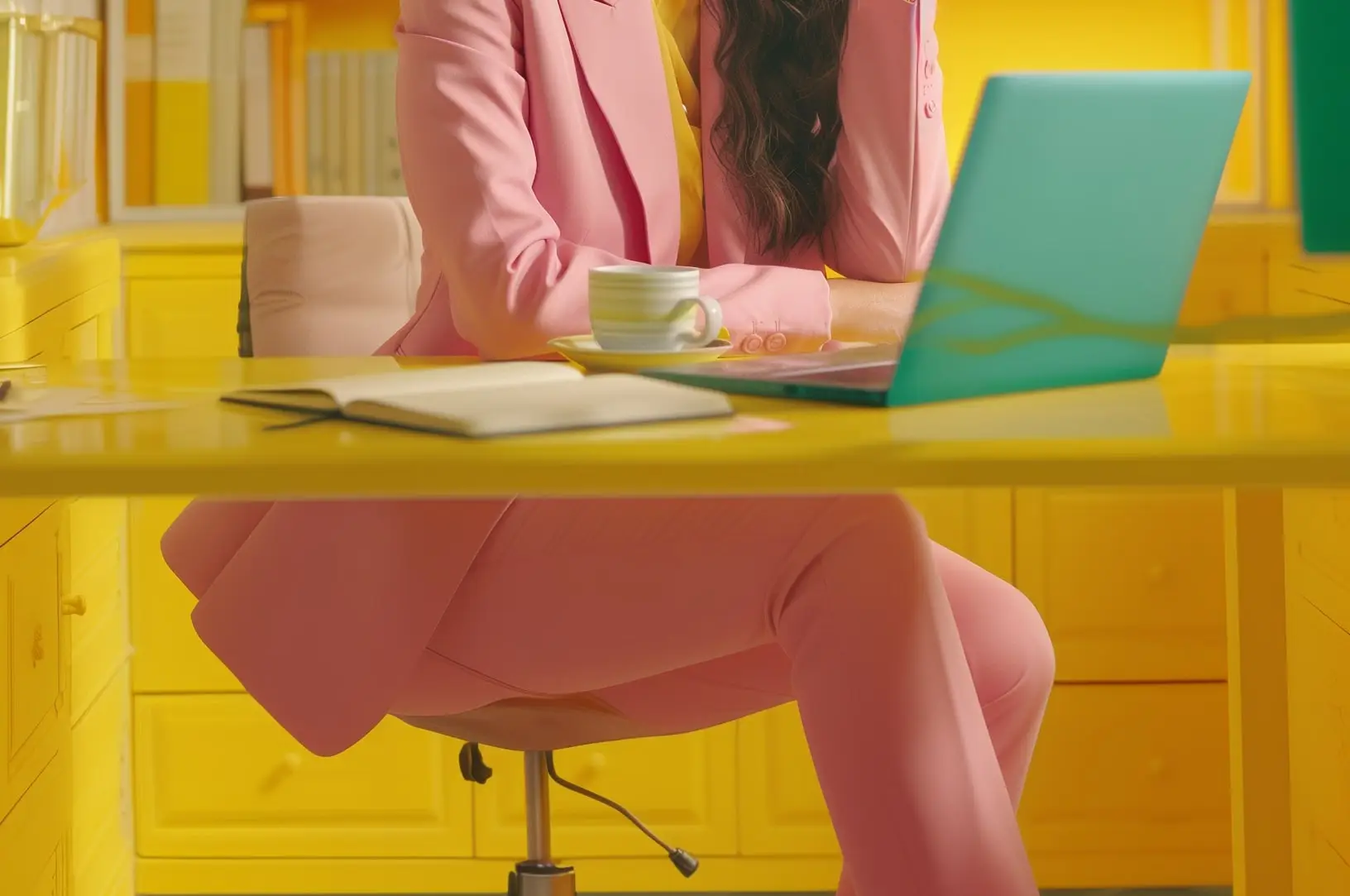 Woman in pink business pants suit sitting at a desk.