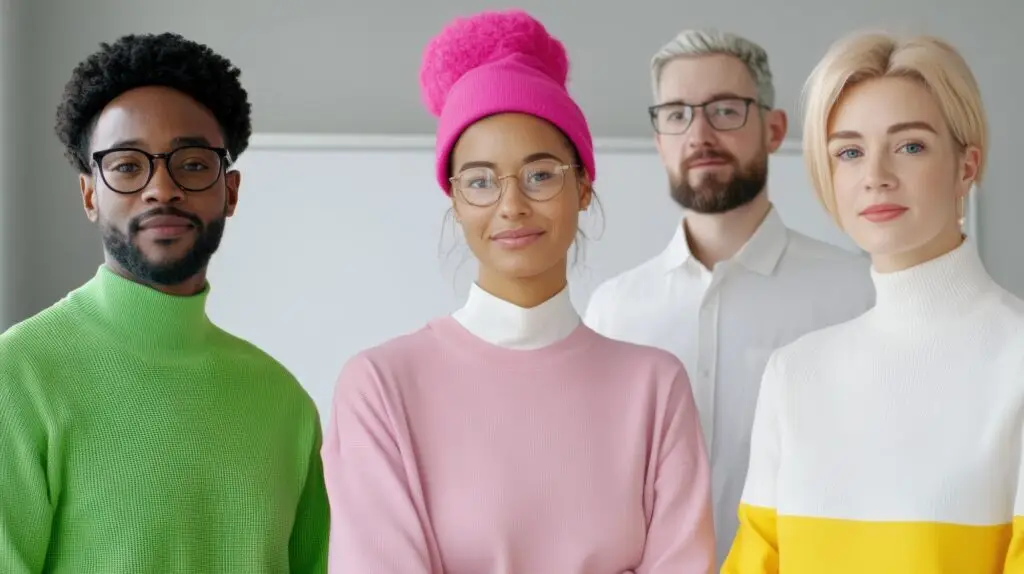 Portrait of four diverse young adults in bright casual clothing and